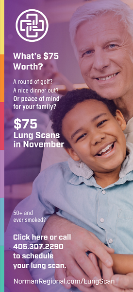 Grandpa holding his grandson in a $75 lung scan ad for Norman Regional